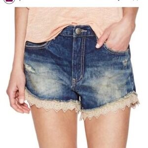 Free People Blue Distressed Denim Shorts with Cream Lace Trim